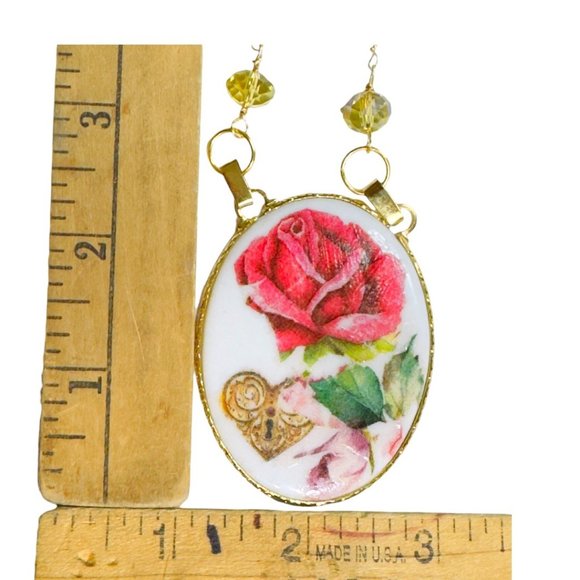 Ceramic VNTG Decoupaged Artisan Pendant W/ Sterling Wire & Multifaceted Crystals - Picture 11 of 13